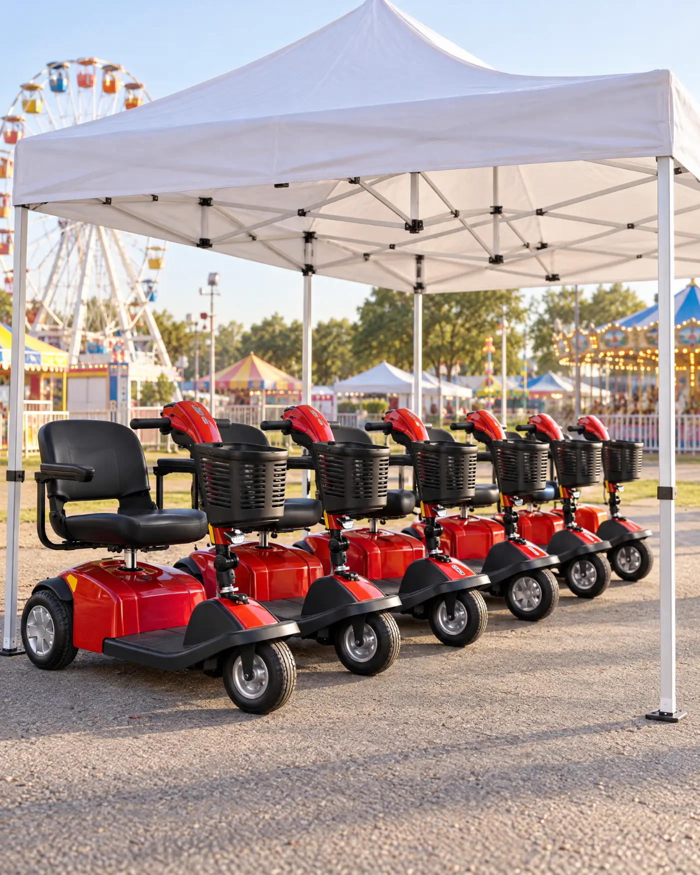 A row of red mobility scooters parked under a white event tent