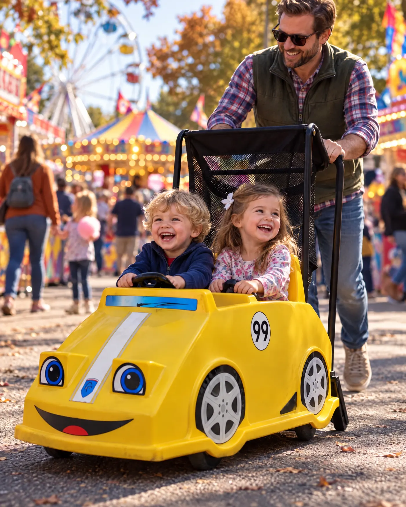 A dad pushing two laughing kids in a yellow CuddleCar at a fair