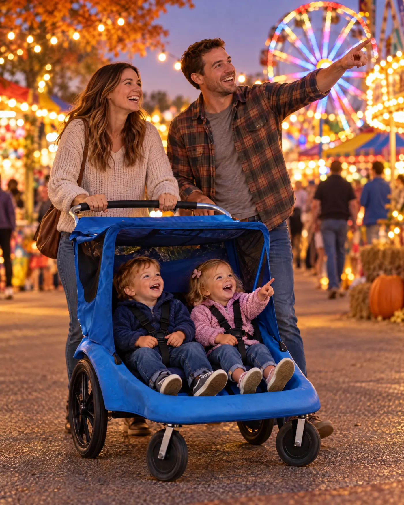 Parents pushing two toddlers in a blue double stroller at an evening fair
