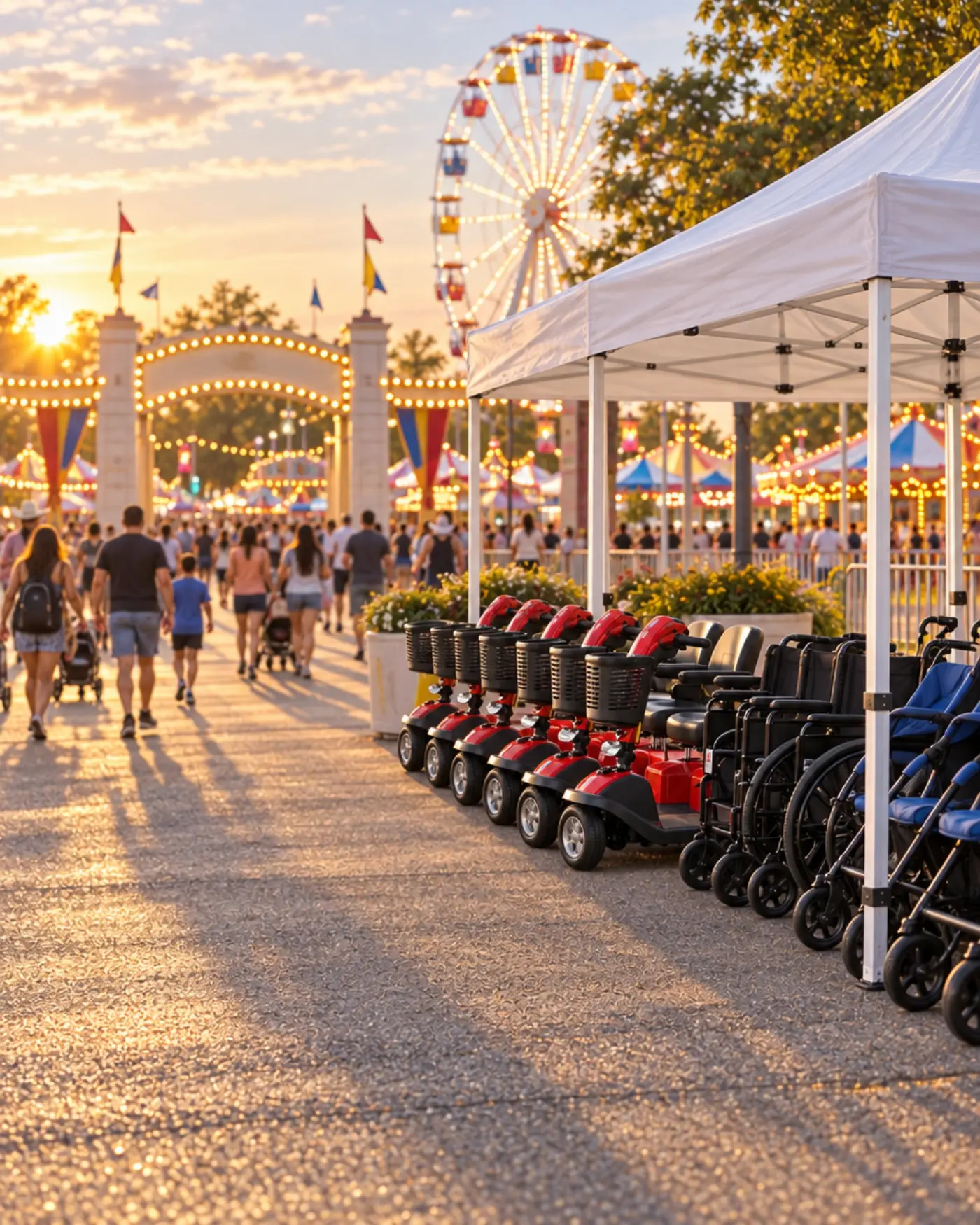 A white rental tent beside a fair entrance at sunset, lined with red mobility scooters, wheelchairs and strollers