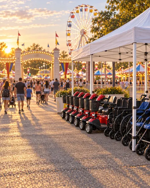 A white rental tent beside a fair entrance at sunset, lined with red mobility scooters, wheelchairs and strollers
