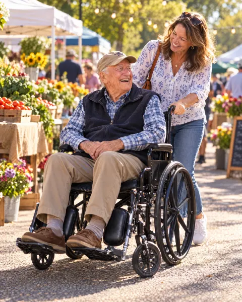 A daughter pushing her smiling father in a black wheelchair at a farmers market