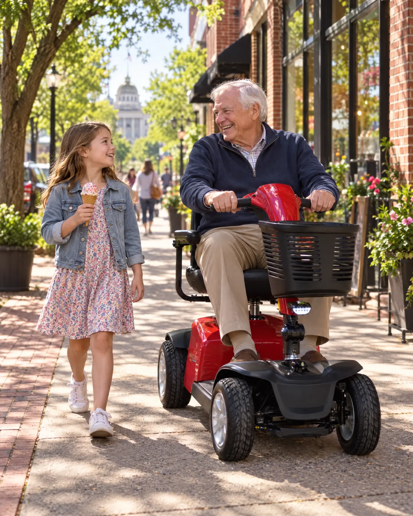 A grandfather on a red mobility scooter on a downtown Raleigh sidewalk, his granddaughter beside him with an ice cream