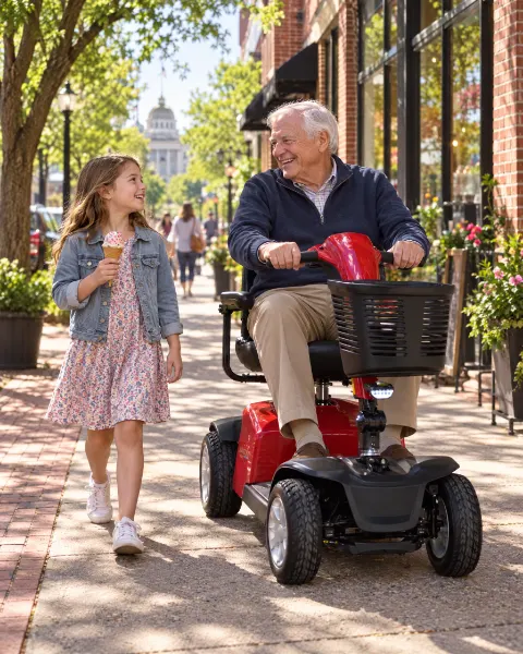 A grandfather on a red mobility scooter on a downtown Raleigh sidewalk, his granddaughter beside him with an ice cream