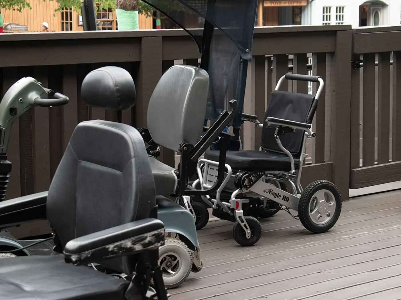 Mobility scooters lined up for rental